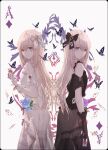  2girls ace_of_diamonds alice_(wonderland) alice_in_wonderland bangs bare_shoulders black_dress black_gloves black_vs_white blonde_hair blue_eyes bow bug butterfly card dress dual_persona eyebrows_visible_through_hair falling_card flower gloves hair_bow hand_up heart highres holding holding_card insect long_hair merry_hearm multiple_girls original playing_card see-through smile white_dress white_gloves 