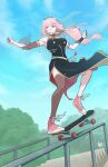  adapted_costume commentary detached_sleeves english_commentary highres hololive hololive_english long_ponytail looking_to_the_side m._lee_lunsford mori_calliope nail_polish pink_hair red_eyes shoes single_thighhigh skateboard skateboarding sky sneakers thighhighs tiara veil 