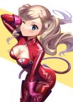  1girl blonde_hair blue_eyes bodysuit boots cat_tail catsuit gloves highres long_hair omochimochi one_eye_closed persona persona_5 persona_5:_dancing_star_night persona_5_the_royal persona_dancing pink_gloves red_bodysuit red_footwear shiny shiny_clothes solo tail takamaki_anne thigh_boots thighhighs whip zipper 