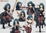  1girl blood blood_on_face bloody_weapon blue_eyes blush boots bra breasts byleth_(fire_emblem) byleth_(fire_emblem)_(female) closed_eyes cup dagger english_text fire_emblem fire_emblem:_three_houses green_hair grey_background high_heel_boots high_heels highres holding holding_weapon jacket jacket_on_shoulders kinkymation large_breasts long_hair looking_at_viewer messy_hair navel open_mouth pantyhose patreon_username quill simple_background sitting smile stance sword_of_the_creator table teacup thighhighs underwear weapon 