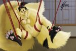 2_tails absurd_res anime anthro bdsm black_body black_fur bondage bound claws fangs felid feline female fluffy fluffy_tail fur fur_collar genitals gloves_(marking) hi_res humanoid_pointy_ears inside inuyasha kirara leg_markings looking_at_viewer mammal markings multi_tail navel neck_tuft nipples nyrox pawpads paws pink_nipples pink_toes pussy red_eyes red_rope restrained rope skinny small_nose socks_(marking) solo spread_legs spreading suspended_in_midair suspension suspension_bondage toe_claws tuft yellow_body yellow_fur 