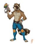  abs anthro biceps buckwulf_(artist) bulge clothed clothing guardians_of_the_galaxy gun hi_res male mammal marvel muscular muscular_male pecs procyonid raccoon ranged_weapon rocket_raccoon solo topless weapon 