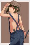  1girl alternate_costume banned_artist blush breasts brown_eyes brown_headwear denim from_behind green_hair hat head_tilt holding holding_torpedo kantai_collection makio_(makiomeigenbot) naked_overalls overalls pocket short_hair sideboob signature simple_background small_breasts solo takanami_(kantai_collection) torpedo two-tone_background 