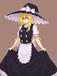  1girl apron bangs black_headwear black_skirt black_vest blonde_hair bow breasts brown_background buttons closed_mouth cowboy_shot eyebrows_visible_through_hair frilled_hat frills hair_between_eyes hair_bow hat hat_bow highres holding holding_clothes holding_skirt kakone kirisame_marisa long_hair looking_at_viewer medium_breasts petticoat puffy_short_sleeves puffy_sleeves shirt short_sleeves simple_background skirt smile solo standing touhou vest waist_apron white_apron white_bow white_shirt witch_hat yellow_eyes 