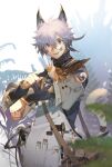  1boy animal_ears apron bag blurry blurry_foreground bracer cat_ears cat_tail coat copyright_request depth_of_field fern grey_hair griffin hair_between_eyes highres male_focus pince-nez red_eyes ryota-h shoulder_bag smile solo standing tail vial white_apron 