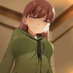  1girl black_neckwear blurry blurry_background blush breasts brown_eyes brown_hair closed_mouth green_sailor_collar green_serafuku kantai_collection long_hair long_sleeves medium_breasts neckerchief ooi_(kantai_collection) sailor_collar school_uniform serafuku shino_(ponjiyuusu) solo upper_body 