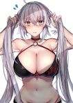  1girl absurdres adjusting_hair bikini black_bikini black_choker breasts bunching_hair choker cleavage eyebrows_visible_through_hair fate/grand_order fate_(series) grey_hair highres hitomin_(ksws7544) huge_filesize jeanne_d&#039;arc_(alter_swimsuit_berserker) jeanne_d&#039;arc_(fate)_(all) large_breasts long_hair looking_at_viewer o-ring o-ring_bikini standing sweatdrop swimsuit twintails watermark white_background yellow_eyes 