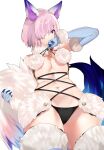  1girl adapted_costume animal_ears blue_gloves breasts closed_mouth cosplay cross-laced_clothes dangerous_beast elbow_gloves eyebrows_visible_through_hair fate/grand_order fate_(series) fou_(fate) fou_(fate)_(cosplay) from_below fur_trim gloves hair_over_one_eye highres holding_tail looking_at_viewer mash_kyrielight medium_breasts navel pink_eyes pink_hair revealing_clothes short_hair simple_background sino42 solo standing tail thighhighs thighs white_background 