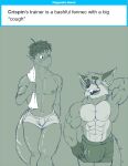  2017 abs andromorph anthro athletic athletic_intersex big_bulge big_ears big_muscles big_pecs blush bottomwear bulge canid canine clothed clothing crispin_(geng) dragon duo elemental_creature english_text eye_contact eyebrows fennec flora_fauna fluffy fluffy_tail food food_creature fox fruit fruit_dragon geng genital_outline glistening intersex leaf leaf_hair living_fruit looking_at_another male mammal monochrome muscular muscular_anthro muscular_arms muscular_male navel open_mouth pecs penis_outline plant plant_hair pseudo_hair shindanmaker short shorter_male shorts simple_background sketch smile teeth text thick_eyebrows thick_neck tongue topless 