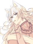  1boy alternate_hair_length alternate_hairstyle animal_ear_fluff animal_ears bangs bead_necklace beads earrings eyebrows_visible_through_hair fushimi_gaku hair_between_eyes jewelry kemonomimi_mode long_hair looking_at_viewer lying male_focus monochrome necklace nijisanji on_back parted_lips shikino_yuki simple_background solo upper_body virtual_youtuber white_background 