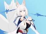 1girl aircraft airplane animal_ear_fluff artist_request azur_lane blue_background blue_eyes breasts cleavage cleavage_cutout clothing_cutout eyebrows_visible_through_hair finger_gun highres japanese_clothes kaga_(azur_lane) kimono kyuubi large_breasts metal_belt multiple_tails open_clothes open_kimono pointing pointing_at_viewer sakuramon simple_background solo tail white_kimono white_tail wide_sleeves 