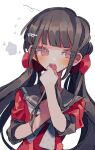  1girl bangs black_hair blunt_bangs blush bow commentary_request cupcake danganronpa_(series) danganronpa_v3:_killing_harmony food hair_ornament hair_scrunchie hairclip harukawa_maki highres long_hair looking_at_viewer low_twintails manaita_no_sake mole mole_under_eye open_mouth red_eyes red_scrunchie sailor_collar school_uniform scrunchie serafuku shirt short_sleeves simple_background skirt solo sweatdrop twintails upper_body upper_teeth white_background 