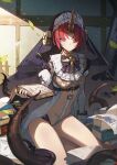  1girl alternate_costume blue_eyes book bow bowtie collar commentary_request fate/apocrypha fate_(series) frankenstein&#039;s_monster_(fate) habit hair_over_eyes holding holding_book horns open_book plant red_hair revealing_clothes seinen short_hair single_horn sitting solo spiked_collar spikes thorns vines yokozuwari 