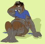 anthro brown_hair clothing fin forepawz grey_body hair hi_res human male mammal marine one_eye_closed overweight overweight_male pinniped rakete shadowpelt sitting solo species_transformation tail_fin torn_clothing transformation tusks walrus wardrobe_malfunction 