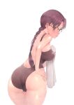  1girl ass bakushiishi_at bangs bare_arms bare_back bare_shoulders black-framed_eyewear black_swimsuit blush braid breasts casual_one-piece_swimsuit commentary_request cowboy_shot eyebrows_visible_through_hair from_behind glasses hand_on_hip holding holding_towel hoshina_tomoko large_breasts leaning_forward long_hair looking_at_viewer looking_back mole mole_under_mouth one-piece_swimsuit over-rim_eyewear parted_bangs purple_hair semi-rimless_eyewear shiny shiny_skin simple_background single_braid solo swimsuit to_heart towel white_background 