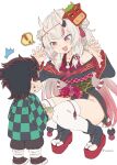  1boy 1girl beans black_hair blush commentary_request fang hair_between_eyes height_difference highres hololive horns japanese_clothes kamado_tanjirou kimetsu_no_yaiba long_hair nakiri_ayame oni_horns open_mouth red_eyes setsubun silver_hair thighhighs twitter_username vinhnyu virtual_youtuber white_background white_legwear 