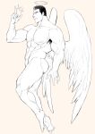  1boy abs angel angel_wings ass bara convenient_leg feathered_wings flying from_side full_body greyscale groin halo index_finger_raised looking_at_viewer male_focus monochrome muscular muscular_male nipples original pectorals short_hair smile solo sparkle stomach thick_thighs thighs winemvee wings 