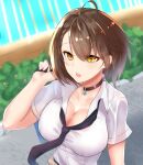  1girl ahoge azur_lane bag baltimore_(after-school_ace)_(azur_lane) baltimore_(azur_lane) bangs beige_cardigan black_choker black_neckwear braid breasts brown_hair cardigan cardigan_around_waist carrying_over_shoulder choker cleavage clothes_around_waist collarbone collared_shirt commentary_request eyebrows_visible_through_hair foreshortening french_braid hair_between_eyes kuzya large_breasts loose_necktie necktie official_alternate_costume open_mouth outdoors school_bag school_uniform shirt short_hair short_sleeves sidelocks solo standing upper_body upper_teeth white_shirt yellow_eyes 