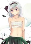  1girl ahoge arm_behind_back bare_shoulders black_hairband black_ribbon bloomers blue_eyes blush breasts closed_mouth collarbone commentary_request culter eyebrows_visible_through_hair green_skirt hair_ribbon hairband highres hitodama konpaku_youmu konpaku_youmu_(ghost) looking_to_the_side medium_hair midriff navel ribbon sarashi silver_hair simple_background skirt small_breasts solo standing touhou underboob underwear upper_body white_background 
