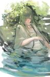  1boy androgynous bangs closed_eyes closed_mouth enkidu_(fate) fate/grand_order fate/strange_fake fate_(series) green_hair hand_on_own_stomach leaf long_bangs long_hair long_sleeves mizutame_tori partially_submerged plant robe rock sidelocks signature sleeping solo toga upper_body water white_robe 