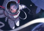  1girl astronaut brown_eyes brown_hair earth_(planet) floating gloves highres looking_at_viewer lower_teeth medium_hair moon original parted_lips planet rope solo space space_craft spacesuit star_(sky) teeth white_gloves window1228 