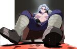  1girl abs boots breasts chair dorohedoro gloves hair_between_eyes highres jacket long_hair looking_at_viewer muscular muscular_female navel naze noi_(dorohedoro) pants red_eyes simple_background solo track_jacket track_pants track_suit white_hair 