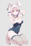 1girl alternate_color animal_ears armpits arms_up bare_arms bare_shoulders black_leotard breasts brown_hair bunny_ears bunny_tail cleavage commentary_request danganronpa_(series) danganronpa_2:_goodbye_despair eyebrows_visible_through_hair fake_animal_ears fake_tail fishnet_legwear fishnets hair_ornament kneeling large_breasts leotard looking_at_viewer mole mole_on_breast nanami_chiaki official_alternate_costume pink_eyes pink_hair playboy_bunny shoes short_hair sketti solo tail thighhighs white_headwear 