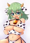  1girl alternate_costume animal_ears animal_print arms_under_breasts bangs bell bell_collar bikini blush breasts cleavage collar cow_ears cow_horns cow_print detached_sleeves fang green_eyes green_hair hair_between_eyes highres horns huge_breasts looking_at_viewer medium_hair minato_mal navel open_mouth simple_background skin_fang soga_no_tojiko solo sweat swimsuit touhou v-shaped_eyebrows white_background 