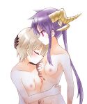  2girls blush breasts burn_scar closed_eyes collarbone commentary completely_nude dragon_horns ebisuzawa_kurumi gakkou_gurashi! grey_hair hand_on_another&#039;s_head highres horns hug kirara_fantasia long_hair medium_breasts multiple_girls naoki_miki navel nipples nude purple_hair red_eyes scar short_hair simple_background twintails very_long_hair white_background yuri 