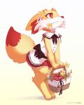  2021 4:5 4_fingers 4_toes ambiguous_gender ancesra anthro basket clothed clothing digital_media_(artwork) english_text feet fennekin fingers flower flower_in_mouth fur hi_res holding_object maid_uniform mammal nintendo orange_body orange_fur plant pok&eacute;mon pok&eacute;mon_(species) red_body red_eyes red_fur red_nose simple_background smile solo text toes uniform url video_games white_background 