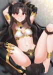  1girl akagi_kurage anklet armlet armpits arms_up ass bangs bare_shoulders barefoot black_gloves black_hair black_legwear black_panties bra breasts clenched_teeth collar earrings elbow_gloves fate/grand_order fate_(series) gloves gold_trim hair_ribbon highres hoop_earrings ishtar_(fate) ishtar_(fate)_(all) jewelry long_hair looking_at_viewer midriff navel panties parted_bangs red_eyes restrained ribbon single_elbow_glove single_thighhigh small_breasts solo spread_legs stomach sweat teeth thighhighs thighs toeless_legwear two_side_up underwear underwear_only very_long_hair white_bra 