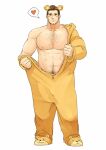  1boy animal_costume animal_ears bara bare_pecs bear_costume bear_ears blush brown_hair bulge chest_hair facial_hair fake_animal_ears full_body hairy heart looking_at_viewer male_focus male_pubic_hair muscular muscular_male naked_costume navel navel_hair nipples original pectorals plump pubic_hair short_hair single_bare_shoulder smile solo spoken_heart stomach stubble winemvee 