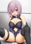  1girl absurdres abukobato ass bare_shoulders black_legwear black_leotard blue_gloves blush breasts cleavage clothing_cutout collar elbow_gloves fate/grand_order fate_(series) gloves hair_over_one_eye highres large_breasts leotard leotard_pull light_purple_hair looking_at_viewer mash_kyrielight metal_collar navel navel_cutout nose_blush open_mouth photoshop_(medium) purple_eyes pussy pussy_juice short_hair sitting skindentation spread_legs sweat thigh_strap thighhighs 