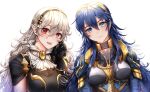 2girls armor blue_eyes blue_hair blush breasts cape corrin_(fire_emblem) corrin_(fire_emblem)_(female) fingerless_gloves fire_emblem fire_emblem_awakening fire_emblem_fates fire_emblem_heroes gloves hair_between_eyes hair_ornament hairband long_hair looking_at_viewer lucina_(fire_emblem) manakete multiple_girls open_mouth pointy_ears red_eyes silver_hair simple_background smile super_smash_bros. tiara wani_(fadgrith) 
