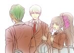  1girl 2boys bag bangs blazer bow brown_jacket collared_shirt commentary_request danganronpa_(series) danganronpa_3_(anime) formal green_eyes green_hair hair_bow high_ponytail holding hope&#039;s_peak_academy_school_uniform jacket long_hair long_sleeves looking_at_another multiple_boys munakata_kyousuke neck_ribbon necktie open_mouth pink_bow ponytail red_ribbon ribbon sakakura_juuzou school_uniform shirt short_hair shoulder_bag simple_background smile upper_body white_background youko-shima yukizome_chisa 