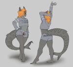  2019 anthro bottomwear butt clothing cosmicminerals crop_top emille_selachi female fish flat_chested grey_body hair hand_on_hip hands_over_head hi_res hotpants huge_tail hybrid long_sleeves marine meme meme_clothing orange_eyes orange_hair shark shirt shorts smile solo stretching thick_thighs topwear turnaround wide_hips 