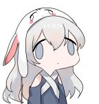  1girl :o animal_ears animal_hat bangs blue_dress blue_eyes chibi clothing_cutout cropped_torso dokomon dress face_of_the_people_who_sank_all_their_money_into_the_fx fake_animal_ears girls_frontline grey_hair hair_between_eyes hat highres long_hair looking_at_viewer parted_lips ribeyrolles_1918_(girls_frontline) shoulder_cutout simple_background solo upper_body very_long_hair white_background white_headwear 