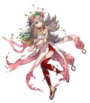  1girl artist_request bangs clenched_teeth fire_emblem fire_emblem_heroes flower_pot full_body gold_trim gradient gradient_clothes grey_hair hair_ornament highres holding jewelry leg_up long_hair looking_away official_art one_eye_closed parted_lips pelvic_curtain petals red_hair red_legwear sandals shiny shiny_hair solo teeth thighhighs tiara toes torn_clothes transparent_background veronica_(fire_emblem) wide_sleeves 