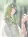  1boy androgynous bangs blue_eyes blurry blurry_background closed_mouth commentary_request enkidu_(fate) fate/grand_order fate/strange_fake fate_(series) from_side green_hair hand_up head_tilt long_hair long_sleeves looking_at_viewer looking_to_the_side mizutame_tori robe sidelocks solo toga upper_body white_robe wide_sleeves 