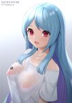  1girl :d artist_name bangs blue_hair blush breasts collarbone colored_inner_hair ett eyebrows_visible_through_hair gradient gradient_background grey_background grey_shirt highres large_breasts long_hair looking_at_viewer multicolored_hair nipples no_bra off_shoulder open_mouth original pink_eyes purple_hair see-through shirt short_sleeves single_bare_shoulder smile solo straight_hair swept_bangs upper_body very_long_hair wet wet_clothes wet_shirt 