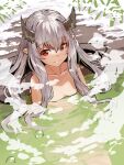  1girl bangs closed_mouth collarbone commentary_request demon_horns eyebrows_visible_through_hair grey_hair hair_between_eyes highres horns long_hair looking_at_viewer nude onsen original partially_submerged pointy_ears red_eyes sidelocks sitting smile snow solo steam very_long_hair water yuuji_(yukimimi) 