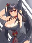  1girl arm_up armpits artist_request asymmetrical_sleeves azur_lane black_dress black_hair black_jacket bow breastless_clothes breasts cleavage criss-cross_halter dress flower grey_background hair_flower hair_ornament halterneck hand_in_hair highres jacket large_breasts long_hair looking_at_viewer no_panties red_bow red_eyes red_flower see-through short_dress simple_background single_sleeve sleeveless sleeveless_jacket solo taihou_(azur_lane) taihou_(muse)_(azur_lane) twintails very_long_hair 