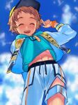  1boy abs baseball_cap blue_sky blush bracelet breasts brown_hair closed_eyes cloud day ensemble_stars! from_above hat highres hood hoodie jewelry korpokkur_kne male_focus midriff navel outdoors sky smile solo tenma_mitsuru toned toned_male 