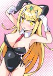  1girl alternate_costume animal_ears bangs black_leotard blonde_hair blush breasts bright_pupils bunny_ears chest_jewel cowboy_shot crotch detached_collar dutch_angle eyebrows_visible_through_hair fake_animal_ears gloves highres large_breasts leotard long_hair looking_at_viewer mythra_(xenoblade) necktie neckwear_between_breasts nintendo pink_background playboy_bunny red_neckwear solo strapless strapless_leotard swept_bangs theakingu tiara very_long_hair white_gloves white_pupils xenoblade_chronicles_(series) xenoblade_chronicles_2 yellow_eyes 
