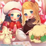  2girls :o alcremie alcremie_(strawberry_sweet) apron blue_eyes blush bow brown_dress buttons chikuwa commentary_request dawn_(pokemon) dress eyebrows_visible_through_hair eyelashes food fruit gen_5_pokemon gen_8_pokemon grey_headwear hair_bow hat highres holding_whisk light_brown_hair mixing_bowl multiple_girls official_art open_mouth pokemon pokemon_(creature) pokemon_(game) pokemon_masters_ex red_bow serena_(pokemon) smile strawberry teeth tongue whimsicott whisker_markings whisking 