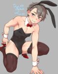  1boy 2021 agawa_ryou bare_shoulders blush brown_legwear bulge dated english_commentary grey_background looking_at_viewer original playboy_bunny short_hair silver_hair simple_background solo 
