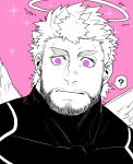  1boy ? angel_wings bara beard black_bodysuit bodysuit close-up face facial_hair feathered_wings halo male_focus muscular muscular_male nether_angel_(tokyo_houkago_summoners) pectorals pink_eyes pink_theme portrait short_hair skin_tight solo spoken_question_mark stubble tokyo_houkago_summoners wings zabaniyan 