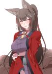  1girl amagi_(azur_lane) animal_ears azur_lane blush breasts brown_hair coat eyebrows_visible_through_hair fox_ears fox_girl glowing glowing_eye highres japanese_clothes kimono kitsune kyuubi large_breasts long_hair looking_at_viewer multiple_tails open_mouth purple_eyes red_coat simple_background smile solo steed_(steed_enterprise) tail thick_eyebrows 