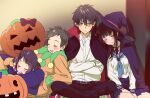  2boys 2girls alternate_costume bangs black_cape black_hair blush bow brown_hair cape chitanda_eru closed_eyes collared_shirt commentary_request crossed_arms frown fukube_satoshi halloween hat hyouka ibara_mayaka indian_style jack-o&#039;-lantern long_hair mery_(yangmalgage) multiple_boys multiple_girls on_shoulder open_mouth oreki_houtarou pants pleated_skirt pumpkin purple_bow purple_cape purple_headwear purple_skirt red_cape sailor_collar school_uniform shirt short_hair sitting skirt sleeping sweatdrop upper_teeth vampire_costume white_shirt witch_hat 