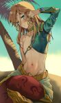  1boy absurdres aqua_eyes arm_up bangs blush brown_hair chest_protector collarbone earrings embarrassed eyebrows_visible_through_hair head_tilt highres hoop_earrings jewelry link long_hair looking_at_viewer male_focus messy_hair navel nipples otoko_no_ko palm_tree sand single_sleeve sitting skirt sky solo sweat sweatdrop tamako_(tamatamako01) the_legend_of_zelda the_legend_of_zelda:_breath_of_the_wild tree 